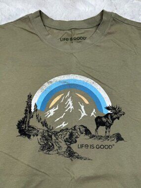 Life is Good Mens Tee Shirt Graphic Pullover Crewneck Moose Mountain Green Large